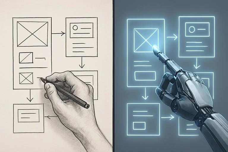 Split screen: a hand sketching UX wireframes on paper on the left, a robotic hand pointing at a glowing digital wireframe on the right.