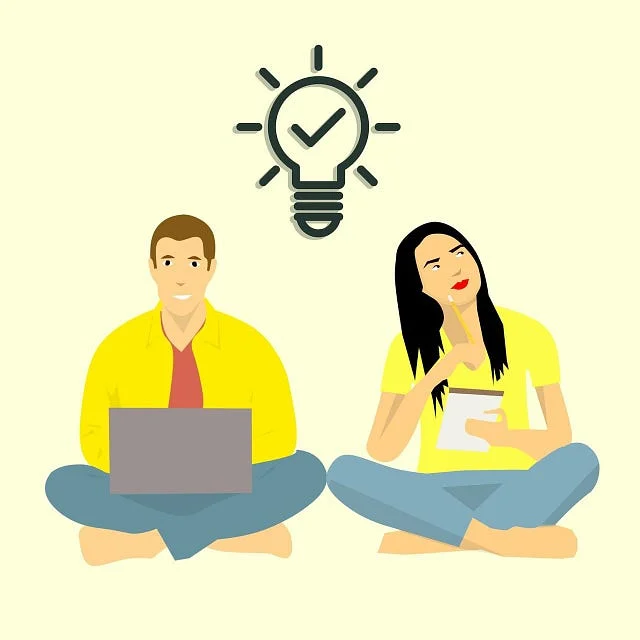 Illustration of a man with a laptop and a woman thinking, sitting cross-legged, with a glowing lightbulb and checkmark icon above them.