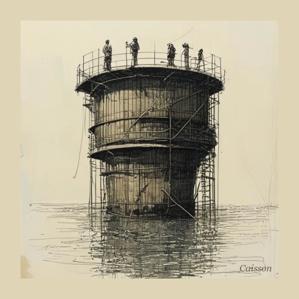 A hand-drawn ink sketch of a caisson, a cylindrical wooden-and-iron river structure. Workers stand on scaffolding at the top, above the waterline, while the structure continues down into the water below.